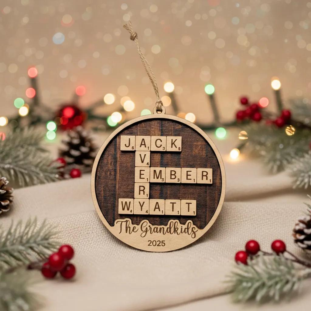 A wooden ornament with letters arranged in a Scrabble-like game style, surrounded by Christmas decorations and pine cones.