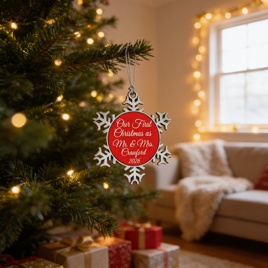 A Christmas tree decorated with lights and ornaments, including a red ornament that says "Our First Christmas as Mr & Mrs Crawford 2016".