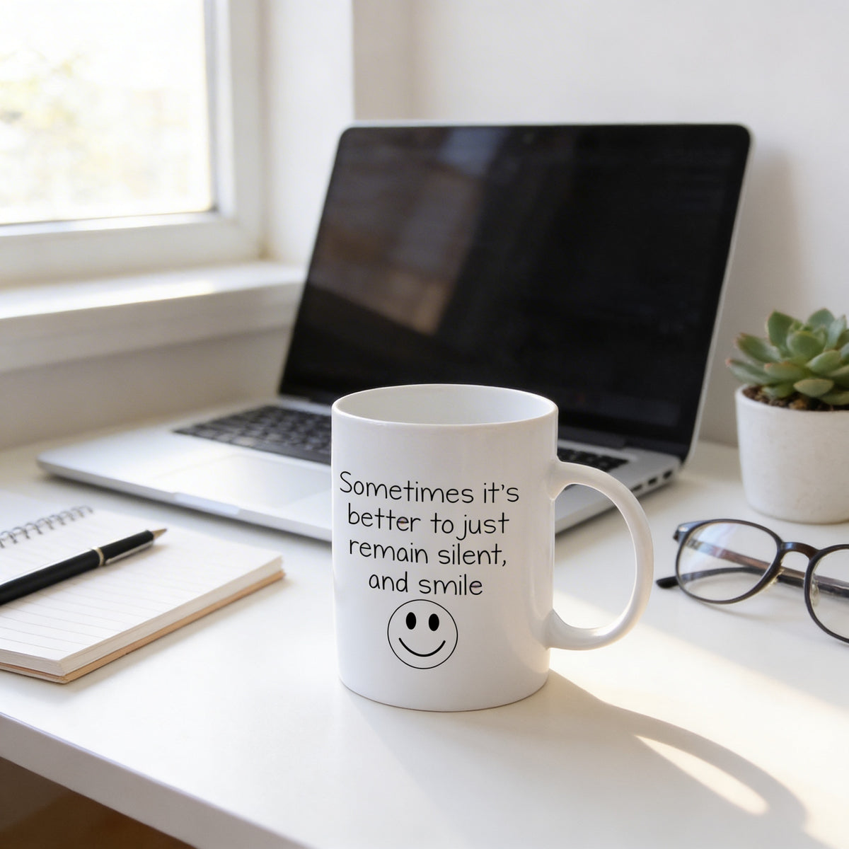 A white mug with a smiley face and text on it sits on a desk next to a laptop, a notebook, and a pair of glasses.
