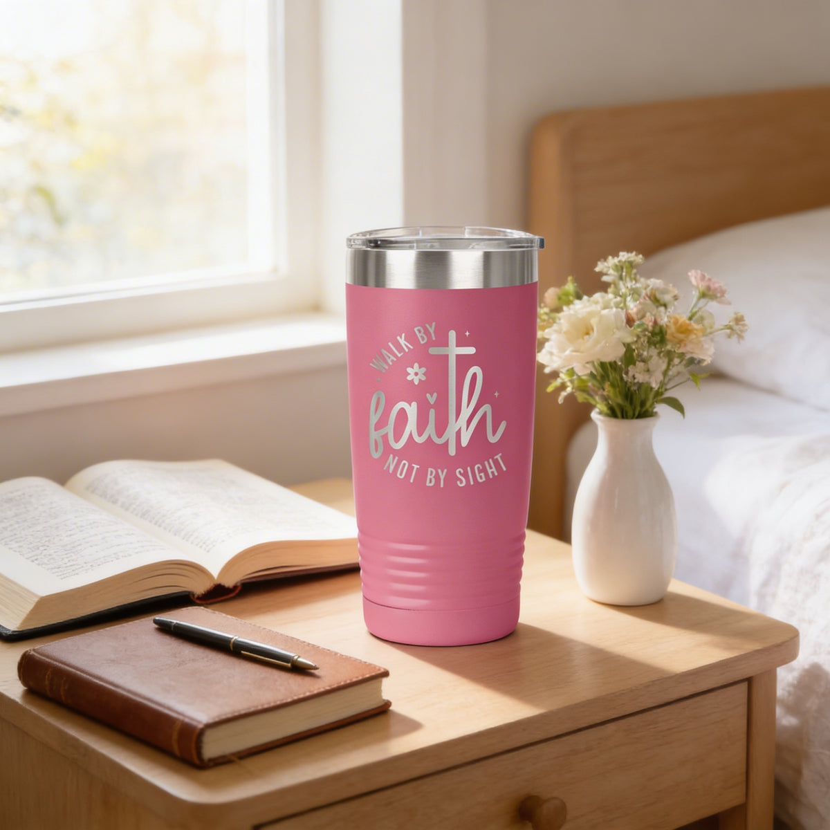 A pink tumbler with the text "walk by faith not by sight" sits on a wooden nightstand next to a book, a pen, and a vase of flowers.
