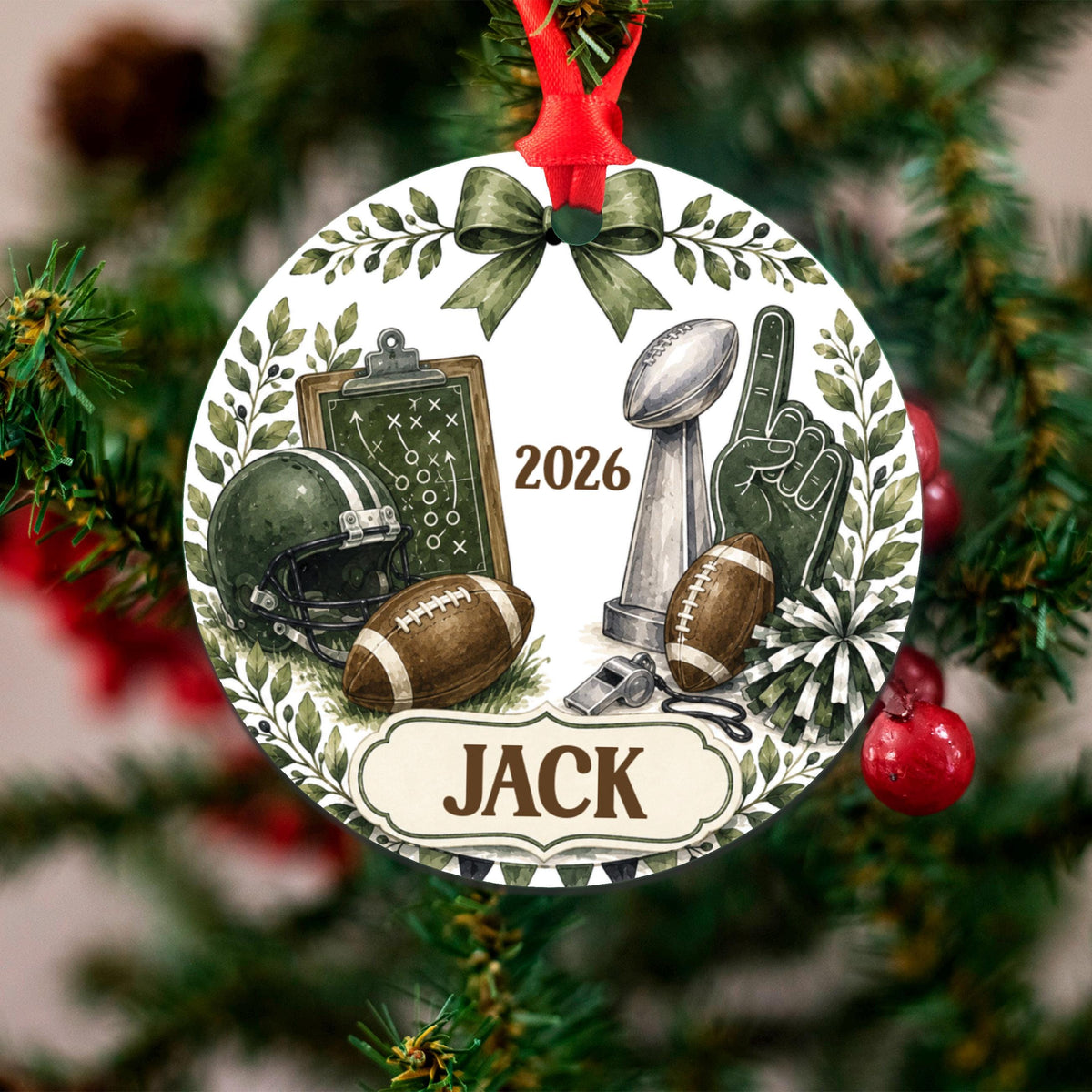 Personalized Football Ornament, Custom Name Christmas Tree Decor, Sports Fan Gift, Aluminum Round, Kid Pet Friendly