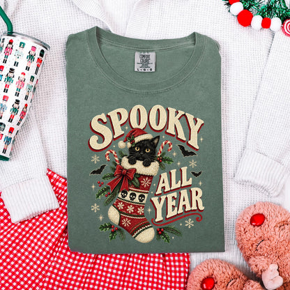 Spooky All Year Shirt, Black Cat Christmas Tee, Goth Christmas Shirt, Creepmas Spooky Christmas Cat Gift, Witchy Christmas Cat Lover Top
