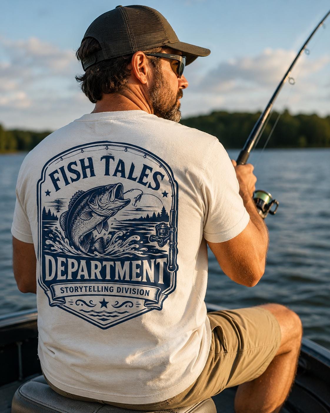 Fish Tales Department Shirt, Funny Fishing Tee for Men, Bass Fishing Back Print Shirt, Fishing Gift for Dad Grandpa, Fisherman Gift