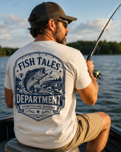 Fish Tales Department Shirt, Funny Fishing Tee for Men, Bass Fishing Back Print Shirt, Fishing Gift for Dad Grandpa, Fisherman Gift