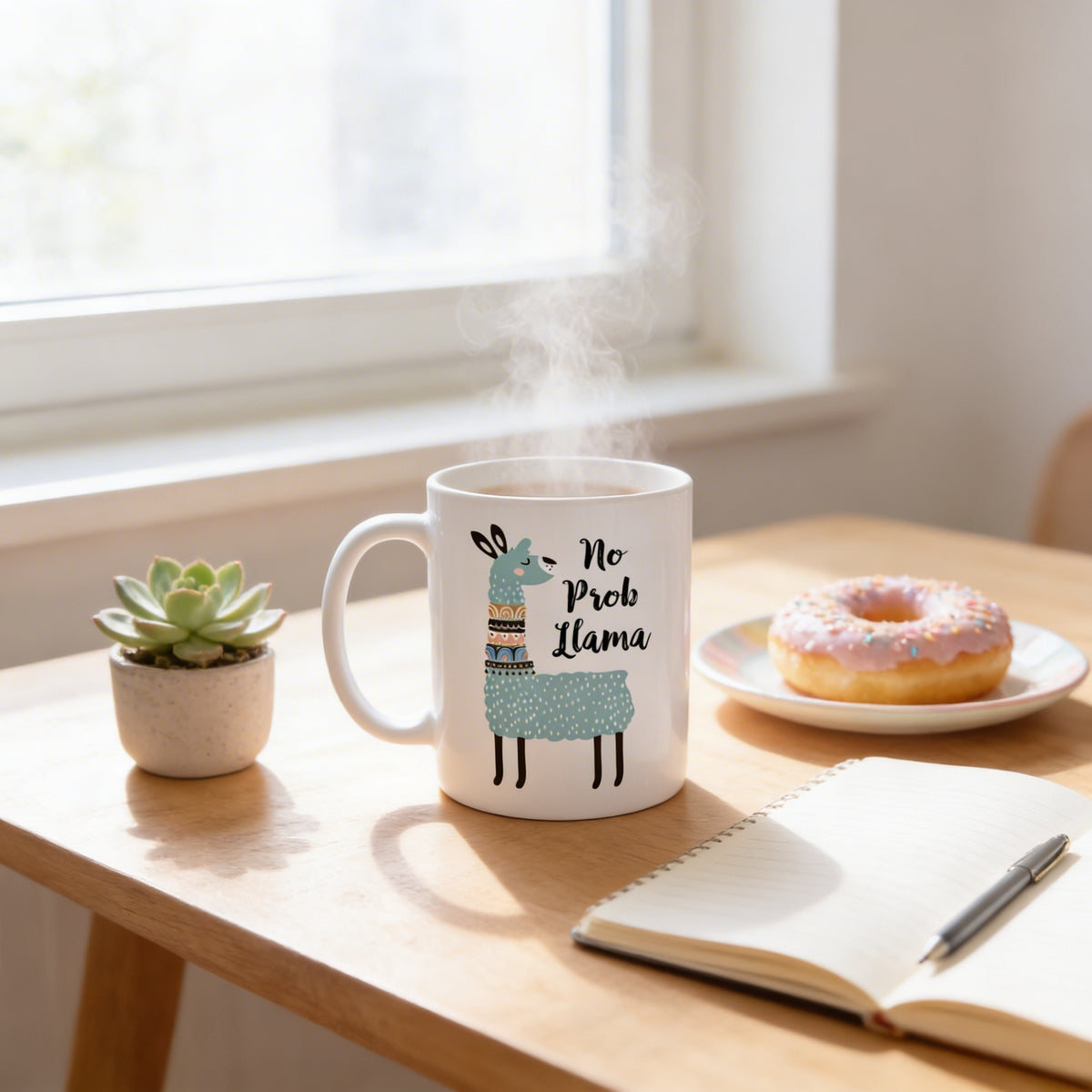 A mug with a cartoon llama design and the text "No Prob Llama" sits on a wooden table, accompanied by a small potted succulent plant, a notebook, and a doughnut.