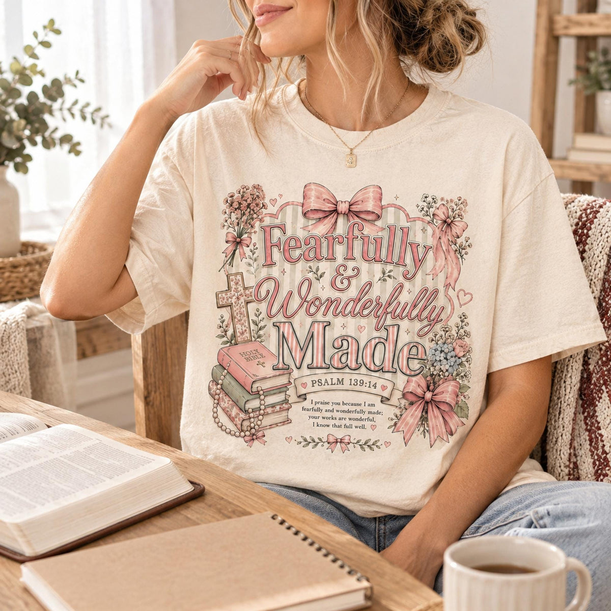 Fearfully and Wonderfully Made Shirt, Psalm 139:14 Christian Tee for Women, Coquette Pink Faith Shirt, Bible Verse Gift, Scripture Tee