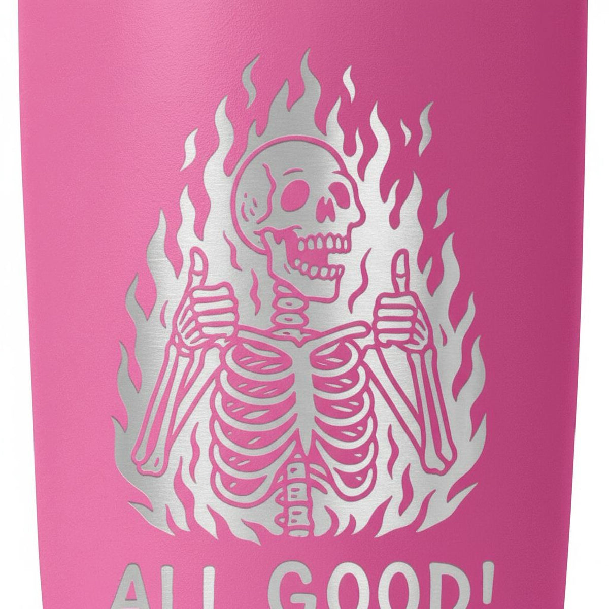 A pink tumbler with a white graphic design depicting a skeleton with flames surrounding it, giving the impression of a burning or fiery figure.