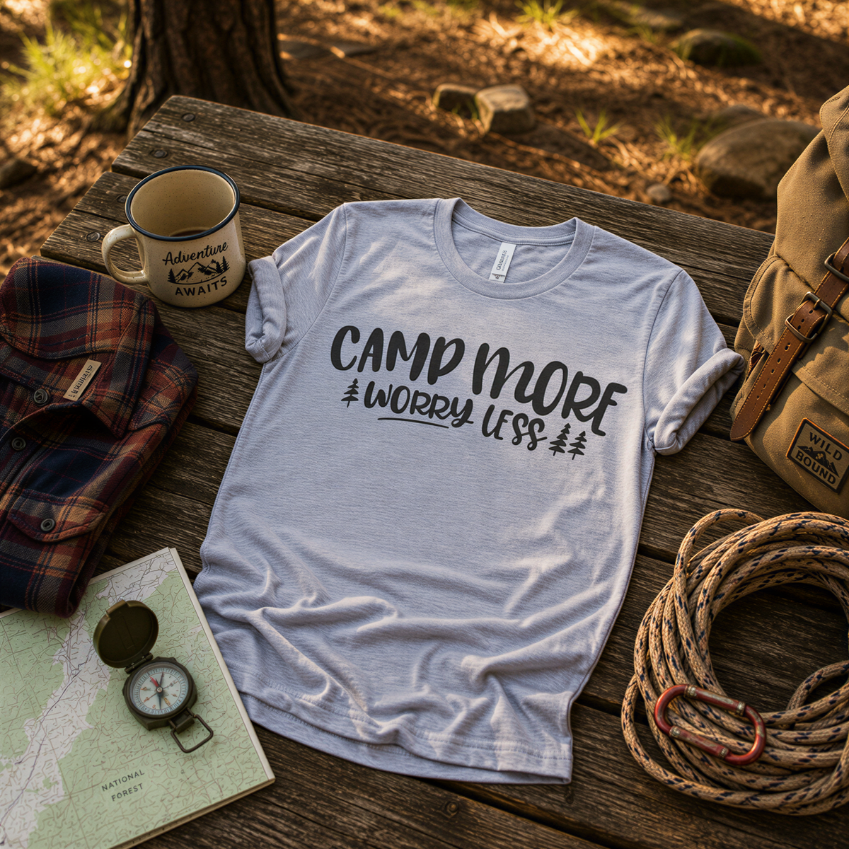 A t-shirt with the text "Camp More Worry Less" printed on it, along with camping gear such as a backpack, compass, and rope, all laid out on a wooden surface.