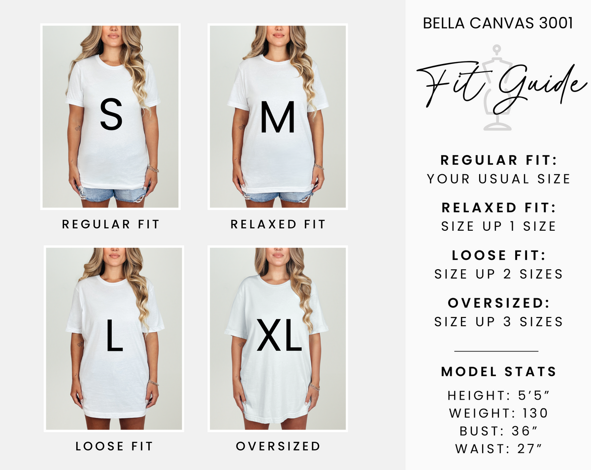 The image is a collage of four images showing different sizes of white t-shirts, along with corresponding fit guide descriptions for each size.