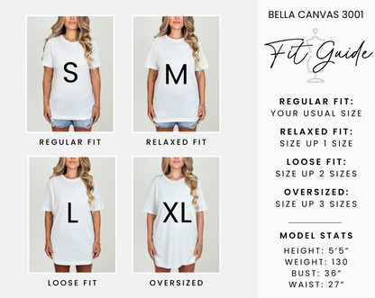 The image is a collage of four images showing different sizes of white t-shirts, along with corresponding fit guide descriptions for each size.