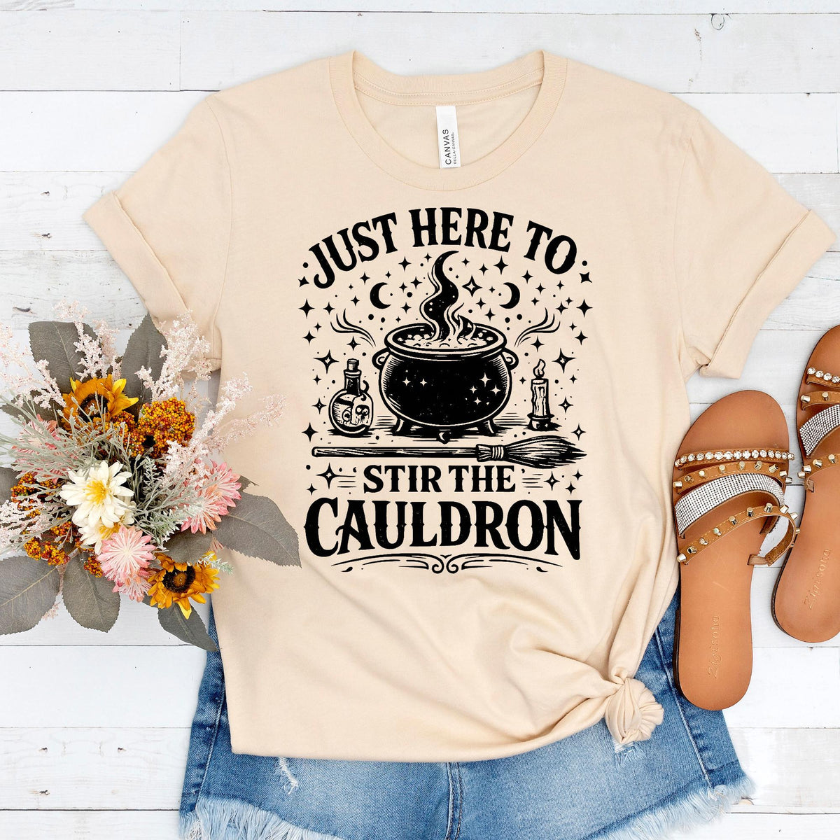 Bella Canvas Tee Just Here To Stir The Cauldron, Witch Cauldron Shirt, Funny Witch Shirt, Halloween Tshirt, Witchy Clothing Gift For Her