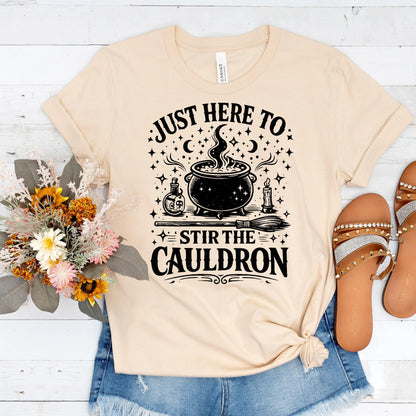 Bella Canvas Tee Just Here To Stir The Cauldron, Witch Cauldron Shirt, Funny Witch Shirt, Halloween Tshirt, Witchy Clothing Gift For Her