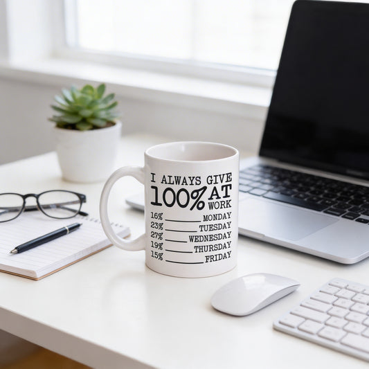 A white mug with text printed on it, placed on a desk next to a laptop, glasses, and a potted plant.