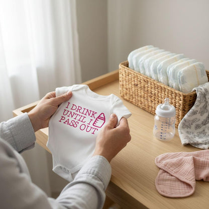A person is holding a white onesie with the text "I DRINK UNTIL I PASS OUT" printed on it, standing next to a basket of diapers and a baby bottle.