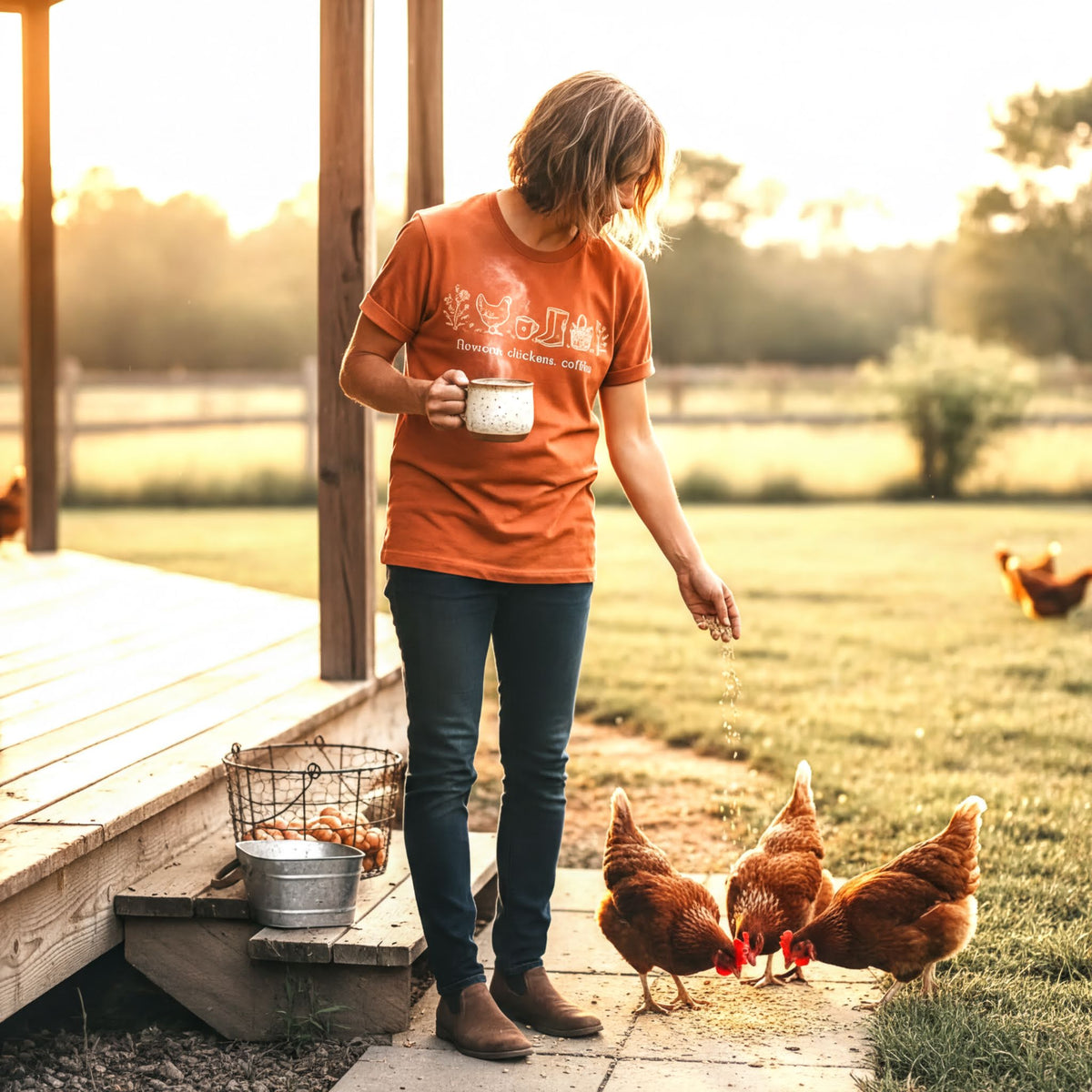A person in an orange shirt is feeding three chickens on a porch, holding a cup of coffee.