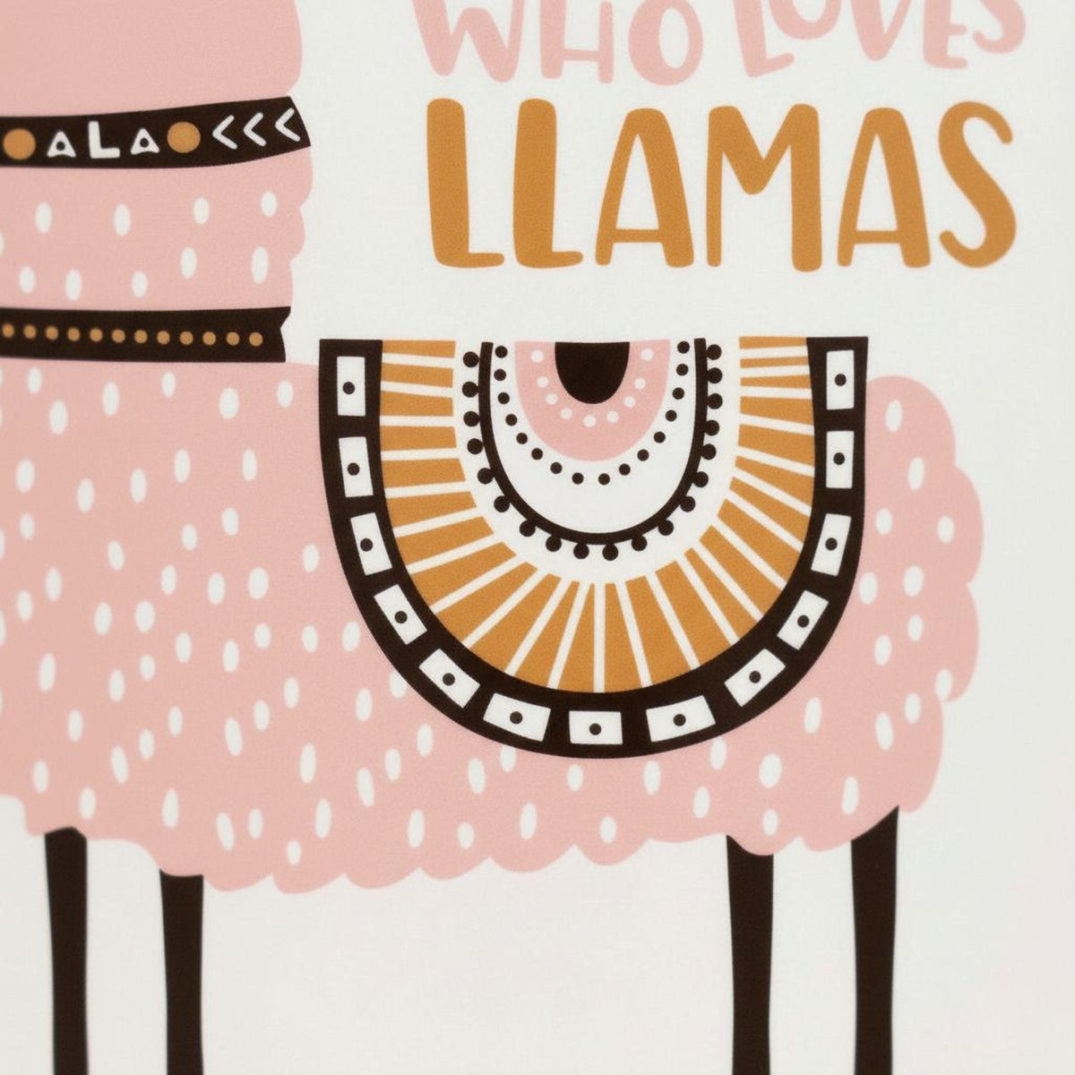 A pink and white llama with a decorative pattern on its body and legs.