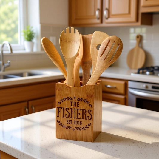 A wooden utensil holder with a personalized inscription, featuring a group of wooden spoons and a wooden spatula, placed on a kitchen counter.