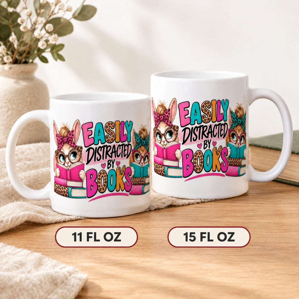 Easily Distracted By Books Mug, Cat Book Lover Coffee Mug, Funny Bookish Gift for Reader, Cute Cat Lover Mug, Book Club Gift for Her