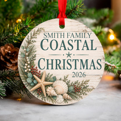 Personalized Coastal Christmas Ornament, Family Beach Christmas Keepsake with Name & Year, Nautical Seashell Ornament, Beach House Gift