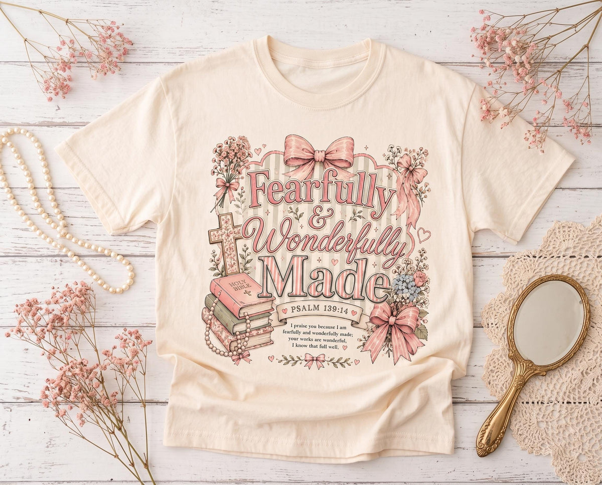 Fearfully and Wonderfully Made Shirt, Psalm 139:14 Christian Tee for Women, Coquette Pink Faith Shirt, Bible Verse Gift, Scripture Tee