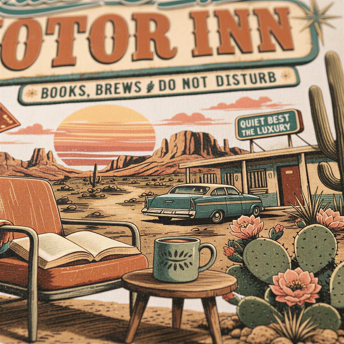 a desert scene with a vintage car, a cactus, a chair, and a table with a cup of coffee, all set against a backdrop of mountains and a sunset.
