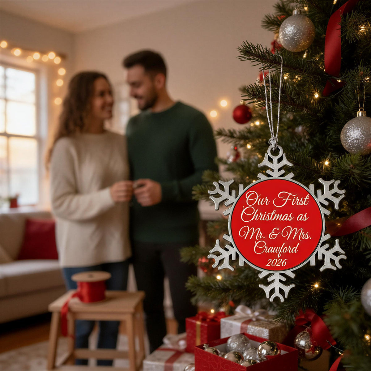 A couple stands together in a cozy living room, with a Christmas tree decorated with ornaments and lights in the background.