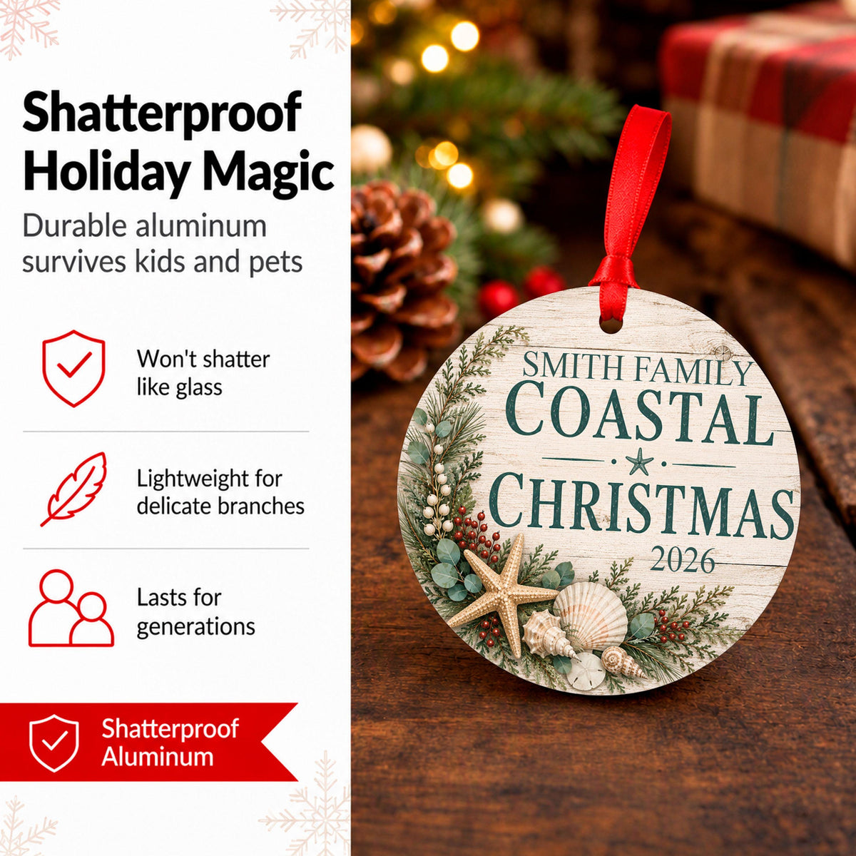 Personalized Coastal Christmas Ornament, Family Beach Christmas Keepsake with Name & Year, Nautical Seashell Ornament, Beach House Gift