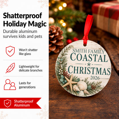 Personalized Coastal Christmas Ornament, Family Beach Christmas Keepsake with Name & Year, Nautical Seashell Ornament, Beach House Gift