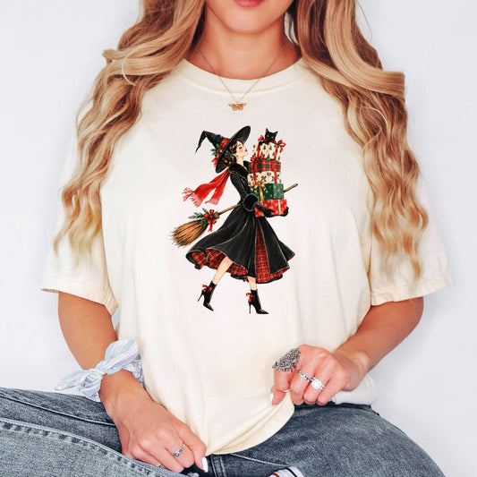 Christmas Witch Shirt, Witchy Christmas Tee for Her, Glam Witch with Black Cat Shirt, Cute Cottagecore Christmas Gift, Witchmas Cat Tee