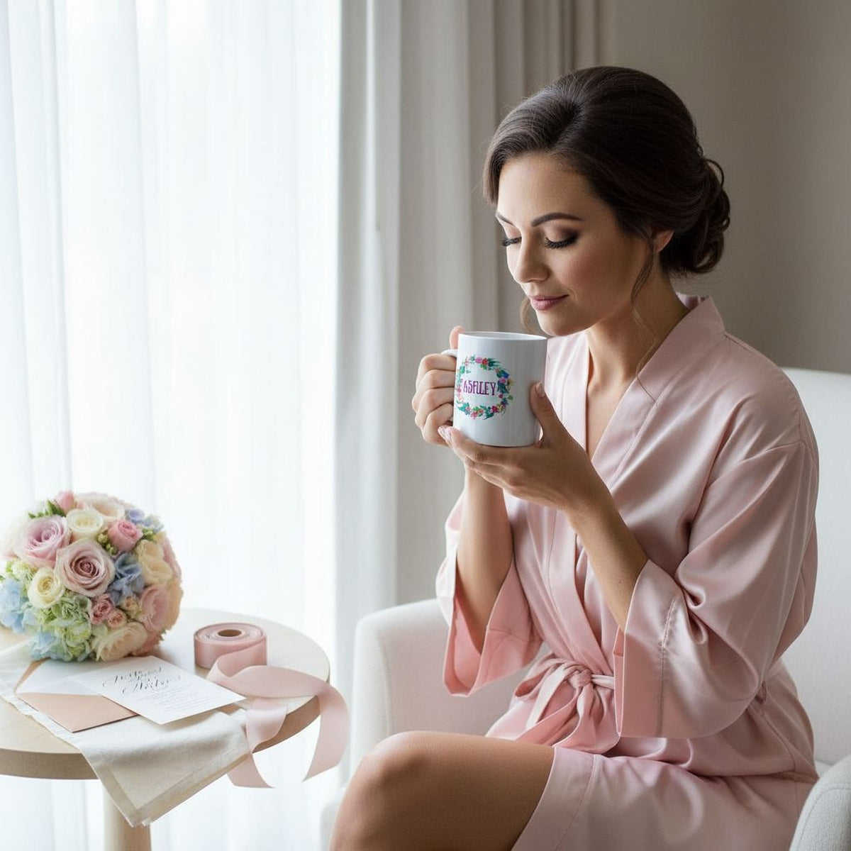 A woman in a pink robe is sitting on a chair, holding a white mug with a floral design, and looking down at it. There is a bouquet of flowers on a table next to her, and a window in the background.