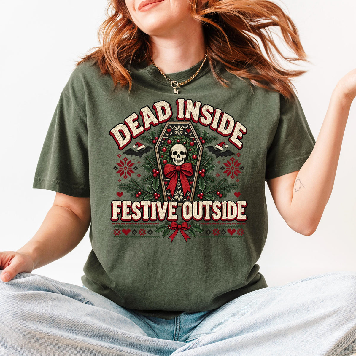 Dead Inside Festive Outside Shirt, Goth Christmas Tee, Funny Skeleton Christmas Shirt, Spooky Ugly Christmas Sweater Style, Creepmas Gift