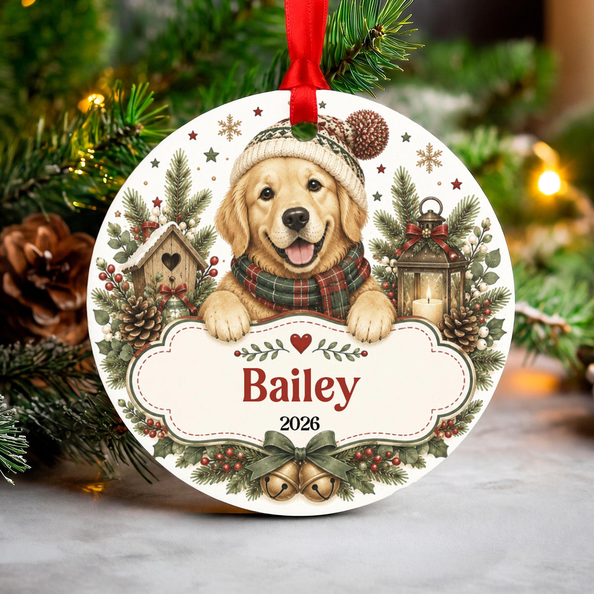 Personalized Golden Retriever Christmas Ornament, Custom Dog Name Ornament, Pet Memorial Gift, Puppy's First Christmas