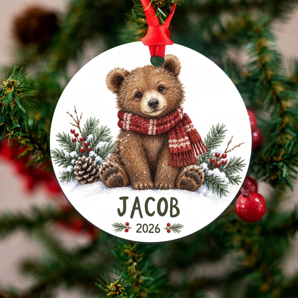 Personalized Bear Christmas Ornament, Custom Baby's First Christmas, Kids Name Ornament, Bear Cub Holiday Decor, Gift Boxed