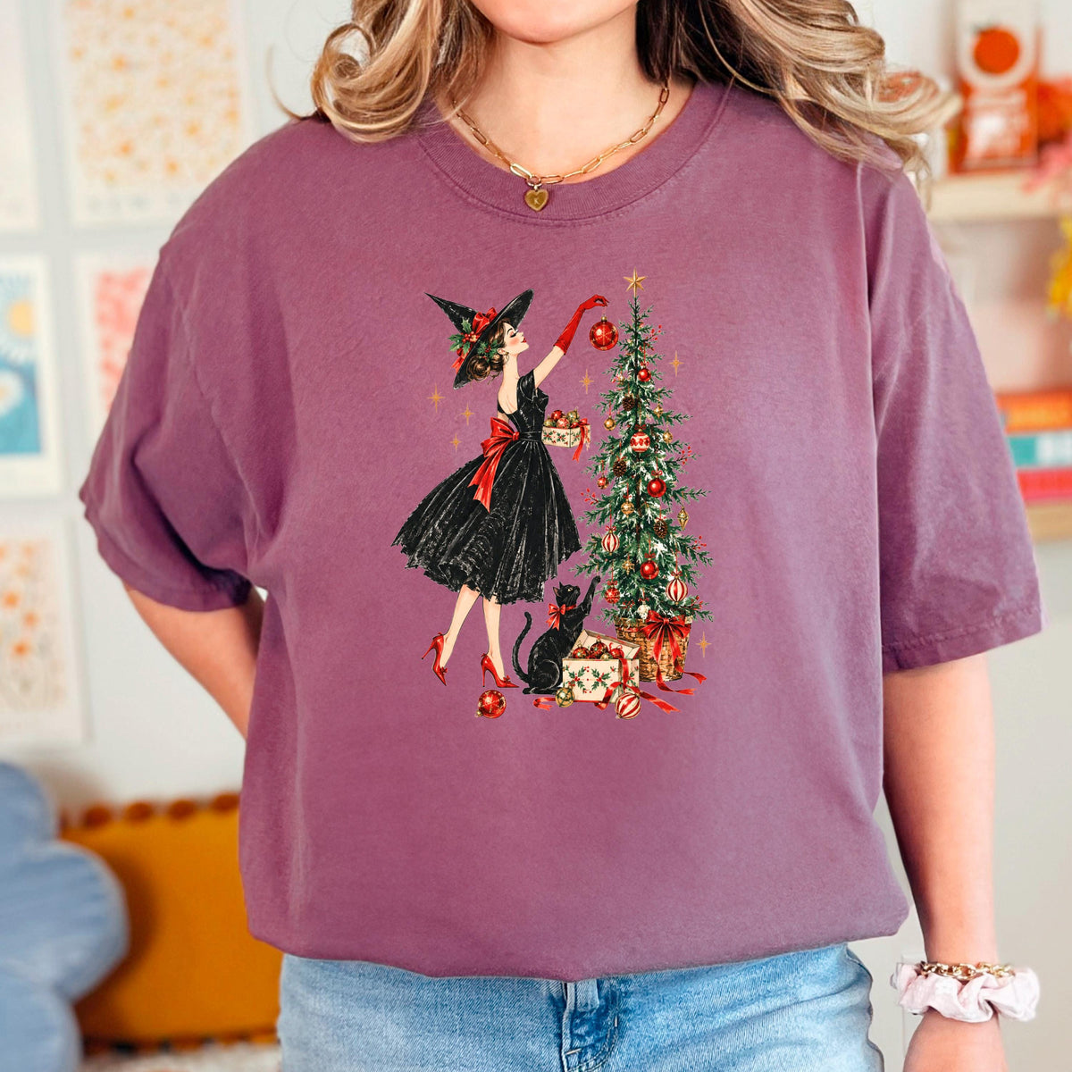 Vintage Christmas Witch Shirt, Elegant Witchy Christmas Tee for Her, Witch Decorating Tree with Black Cat, Retro Cottagecore Xmas Gift