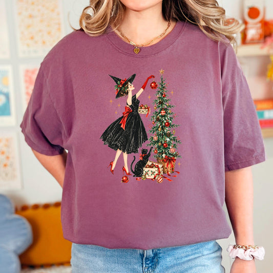 Vintage Christmas Witch Shirt, Elegant Witchy Christmas Tee for Her, Witch Decorating Tree with Black Cat, Retro Cottagecore Xmas Gift