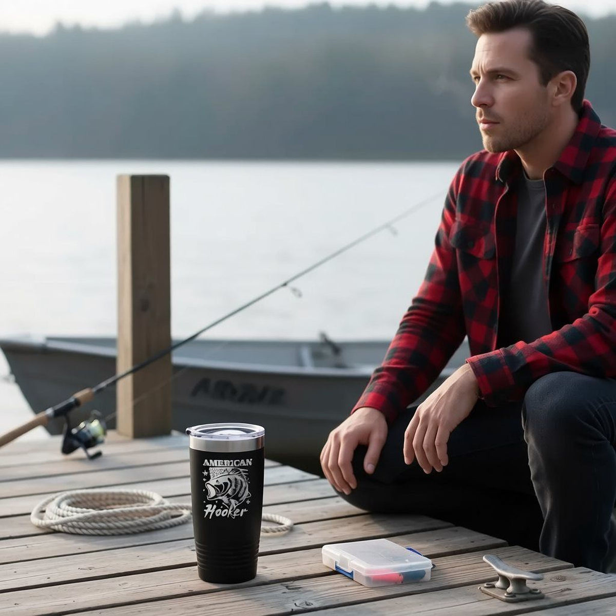 A man in a red and black plaid shirt sits on a wooden dock, holding a fishing rod and accompanied by a black tumbler with a lid and a rope.