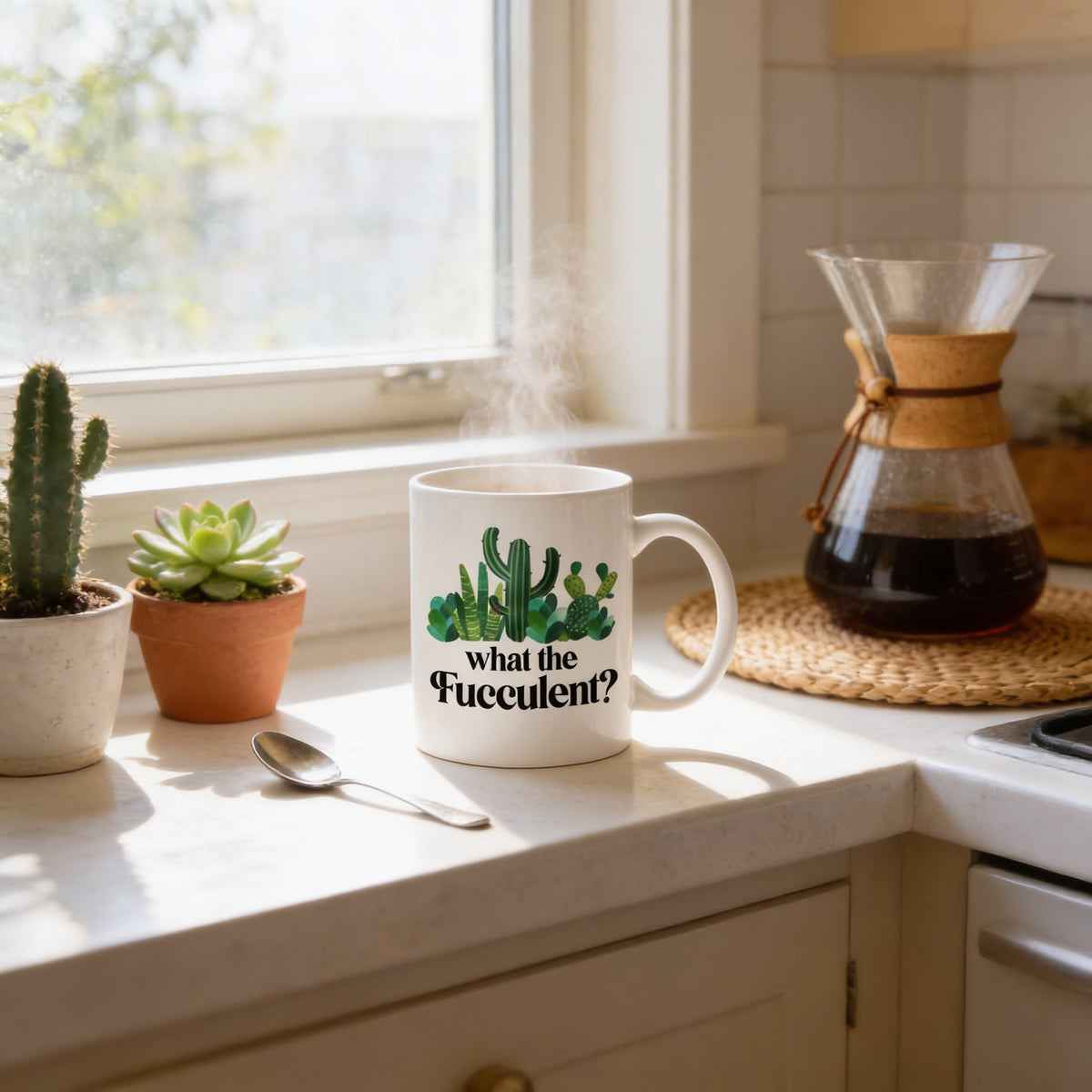 A white mug with a graphic of cacti and the text "what the Fuellent?" sits on a kitchen counter, with a coffee maker and potted plants nearby.