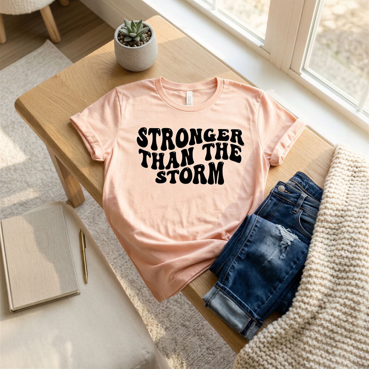 a pink t-shirt with the text "STRONGER THAN THE STORM" printed on it, along with a pair of blue jeans and a sweater. The t-shirt is placed on a wooden table, and there is a potted plant and a book nearby.