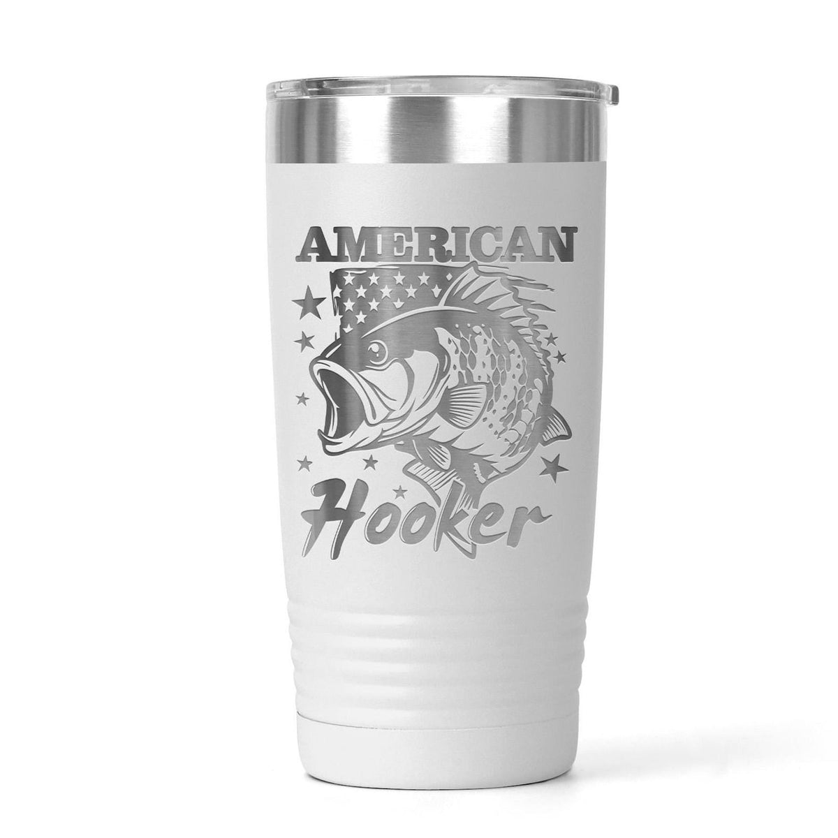 A white insulated tumbler with a silver lid and a printed design featuring a fish and stars.