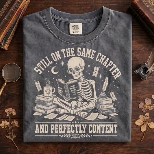Book Lover T-Shirt, Reading Skeleton Shirt, Dark Academia Tee, Comfort Colors Bookish Gift, Still On The Same Chapter Content