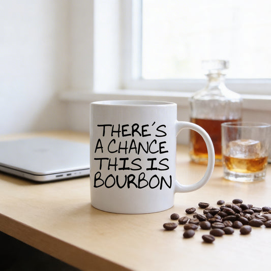 a white mug with the text "THERE'S A CHANCE THIS IS BOURBON" printed on it, placed on a wooden table next to a laptop and coffee beans.