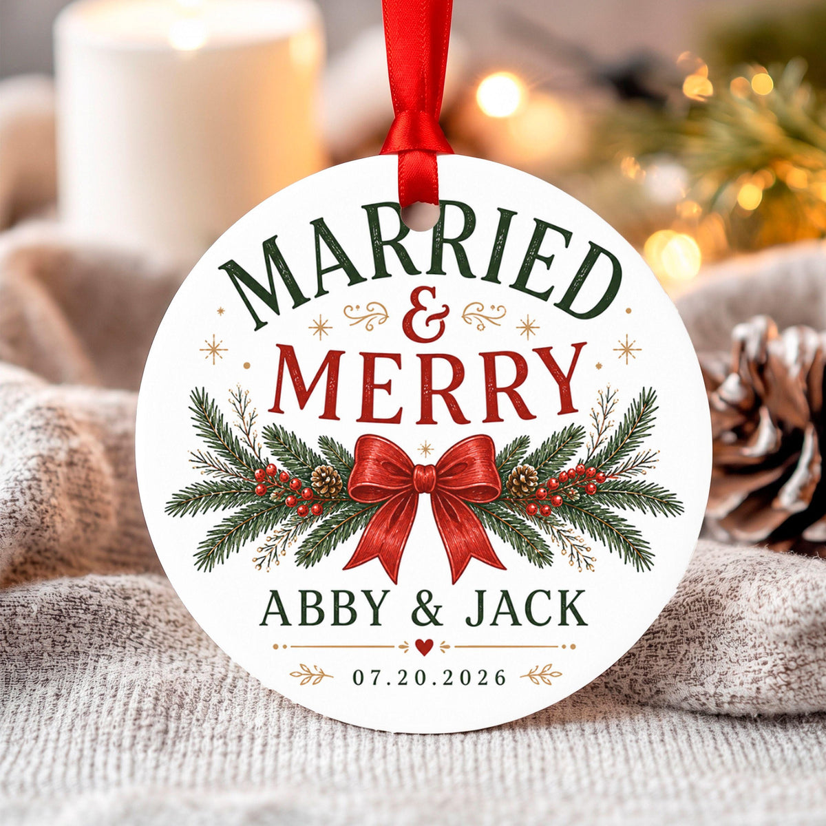 Married and Merry Ornament, Personalized First Christmas Married Keepsake, Newlywed Couples Ornament with Names & Date, Wedding Gift 2026