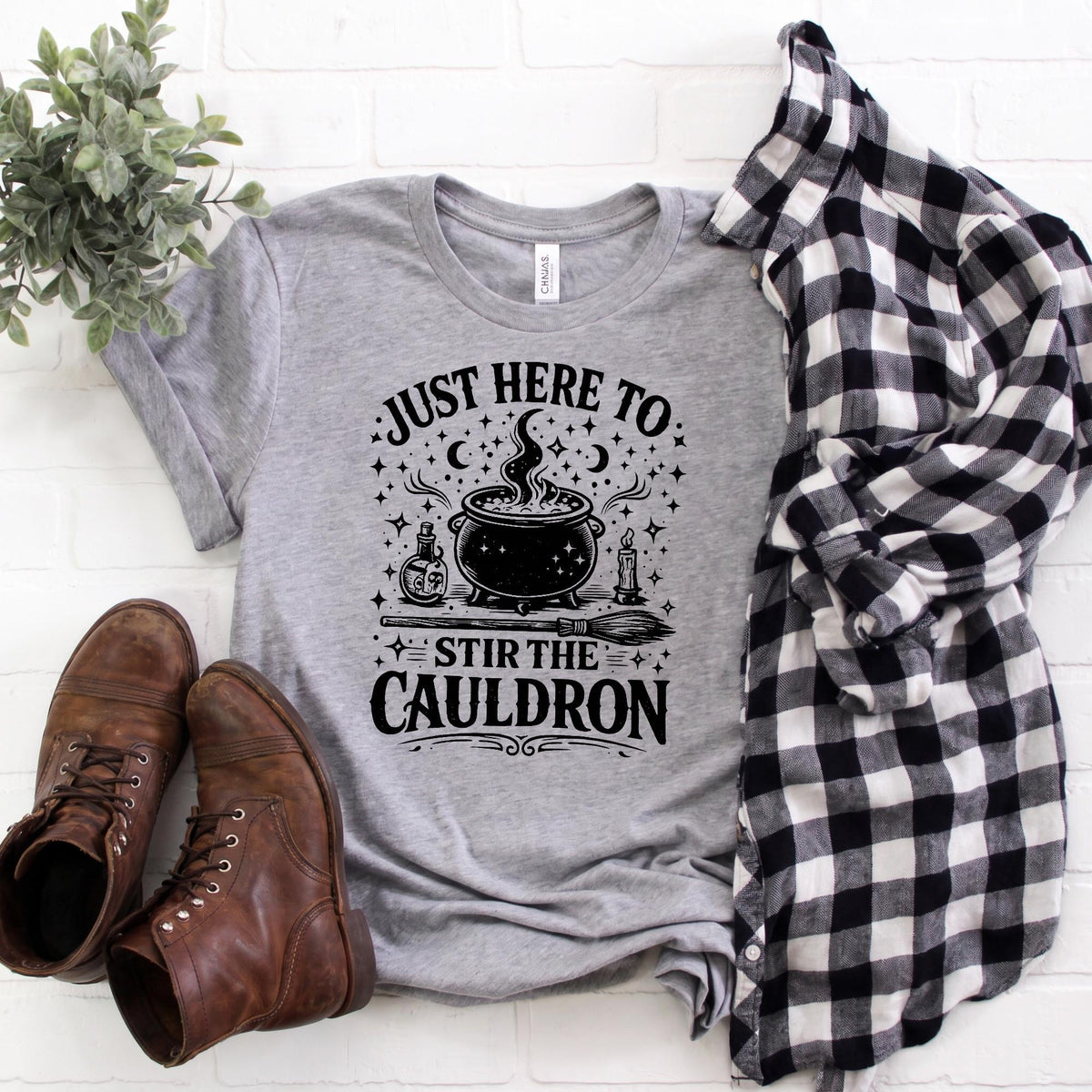 Bella Canvas Tee Just Here To Stir The Cauldron, Witch Cauldron Shirt, Funny Witch Shirt, Halloween Tshirt, Witchy Clothing Gift For Her