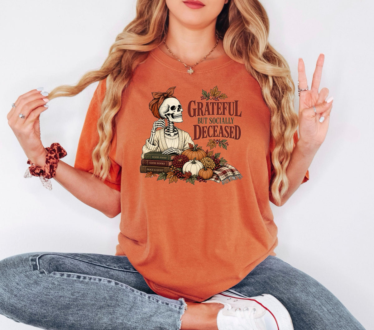 Grateful But Socially Deceased Shirt, Introvert Book Lover Tee, Funny Fall Skeleton Shirt, Bookish Fall Gift, Homebody Reading Top