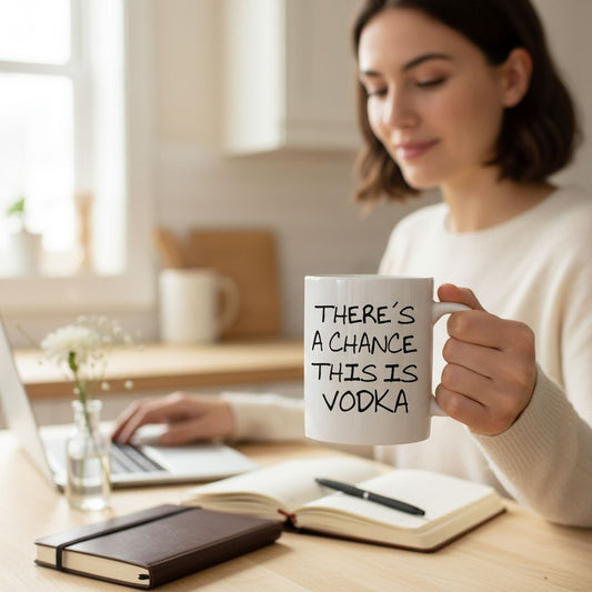 A woman is sitting at a desk, holding a mug with the text "THERE'S A CHANCE THIS IS VODKA" printed on it. She is also holding a laptop and a notebook, suggesting she is working or studying.