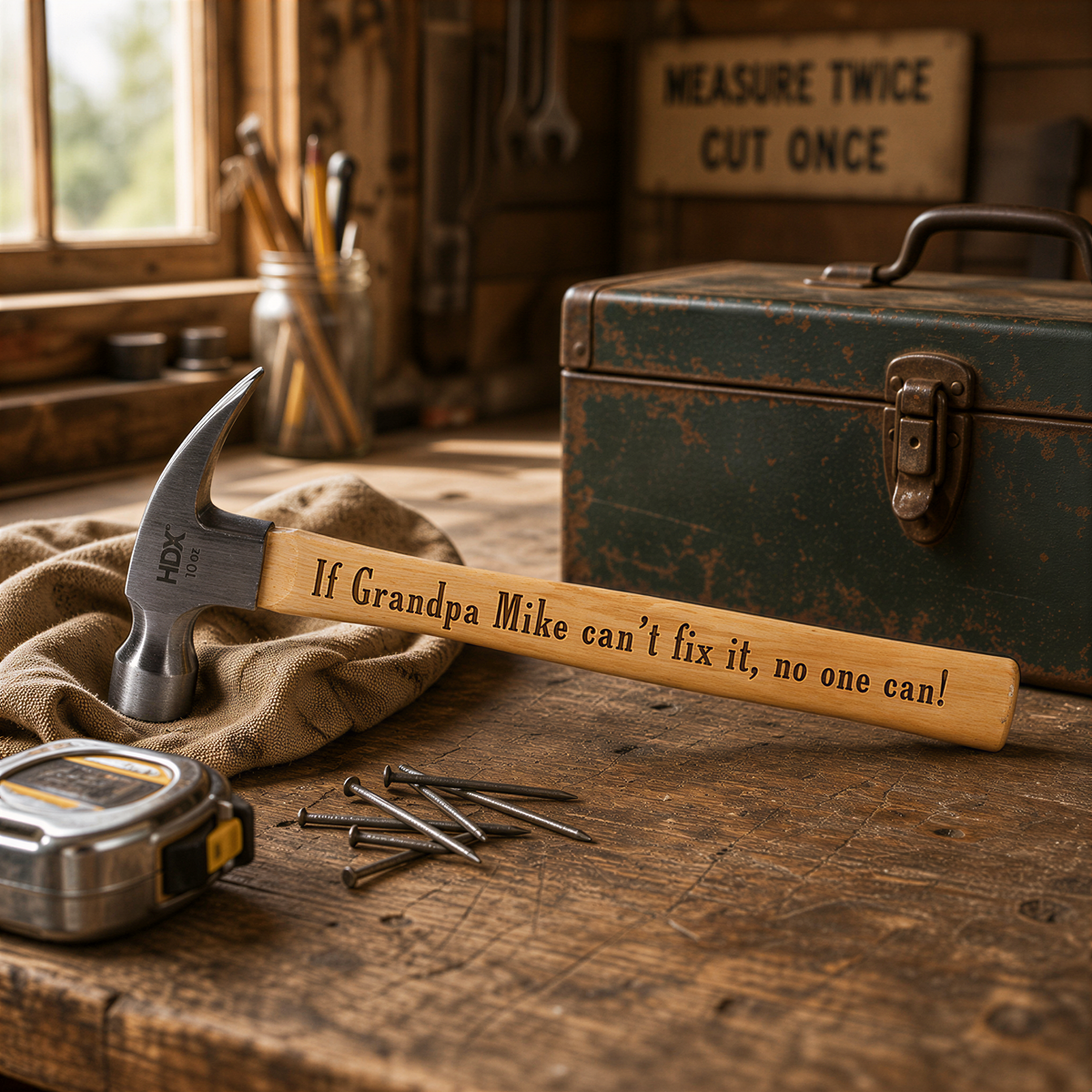 a wooden workbench with various tools and a hammer, along with a sign that reads "If Grandpa Mike can't fix it, no one can!"