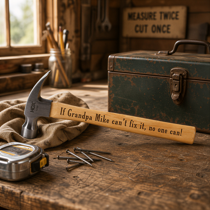 a wooden workbench with various tools and a hammer, along with a sign that reads "If Grandpa Mike can't fix it, no one can!"