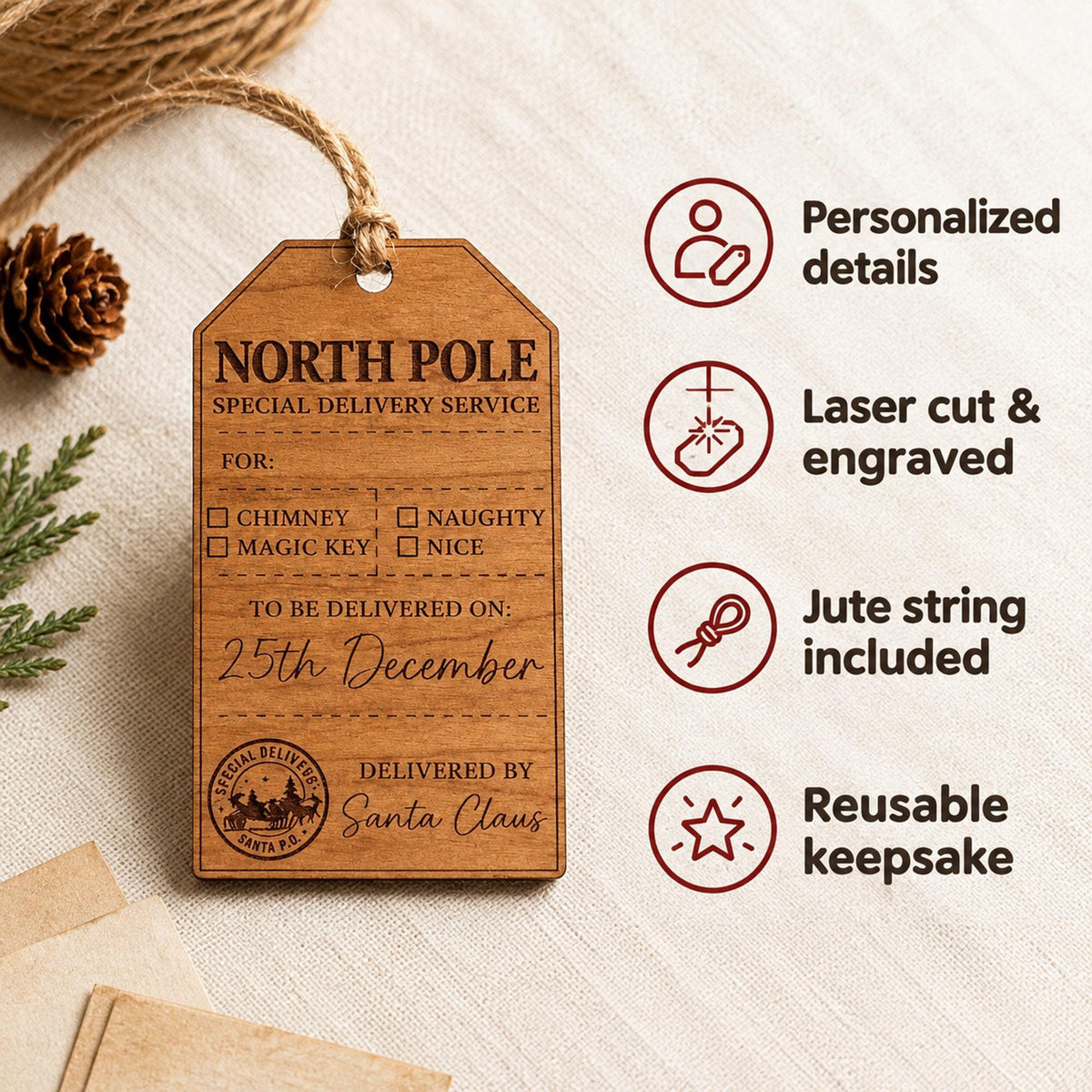 Personalized Santa Sack Tag, North Pole Special Delivery Wood Gift Tag, Custom Christmas Eve Box Tag, From Santa Keepsake, Stocking Tag