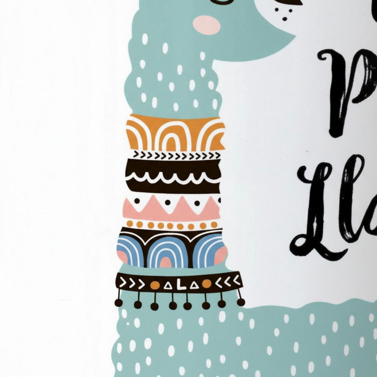 a colorful and whimsical illustration of a stylized llama or alpaca with various patterns and designs, including polka dots, stripes, and geometric shapes.