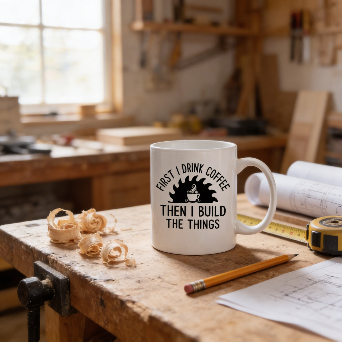 A white coffee mug with a humorous text printed on it, placed on a wooden workbench in a workshop setting.